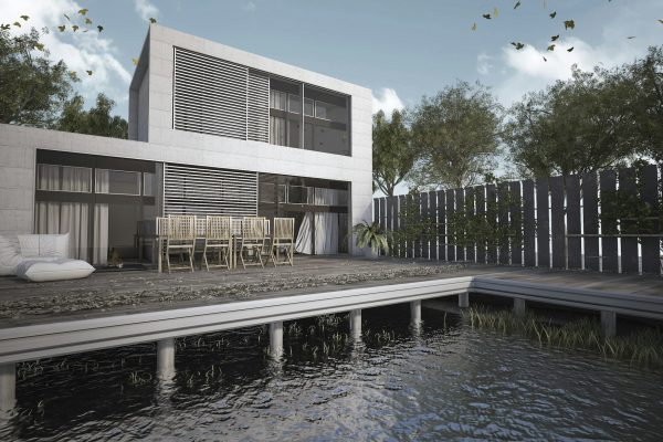 3D rendering modern house with terrace at day